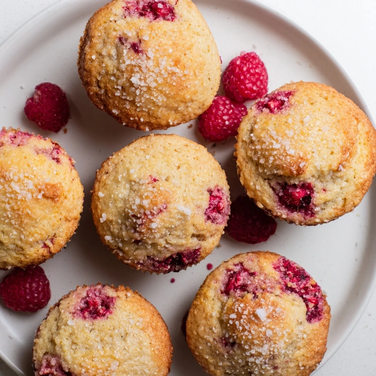 Freshly baked lemon raspberry muffins topped with juicy red berries and golden domed tops