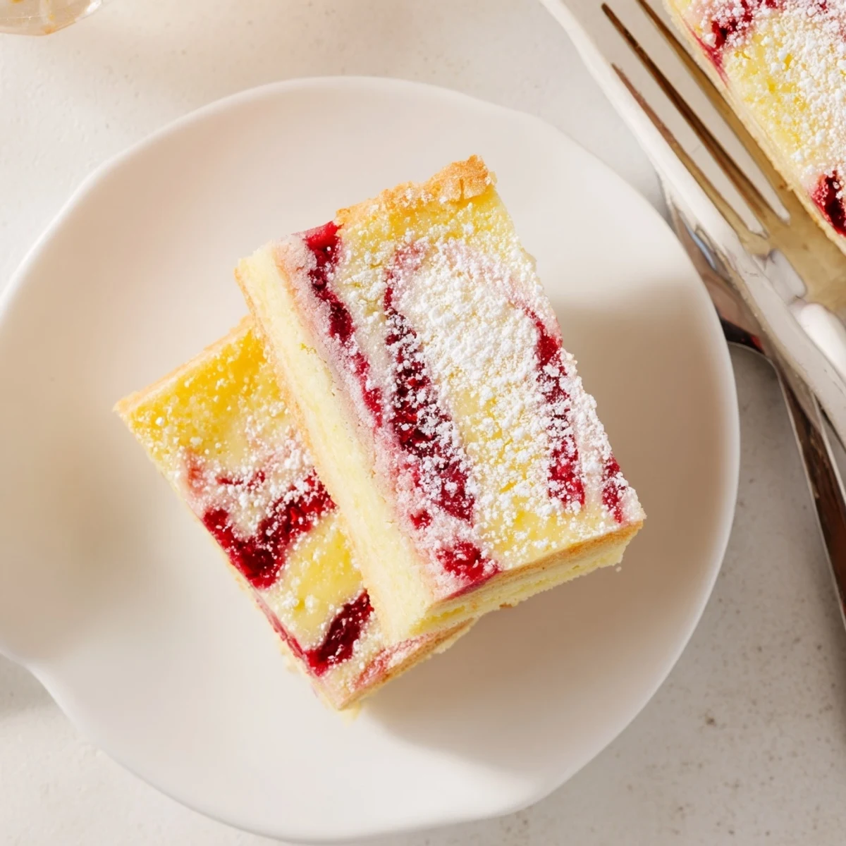 Golden lemon raspberry swirl bars featuring buttery shortbread crust with vibrant red raspberry marbling