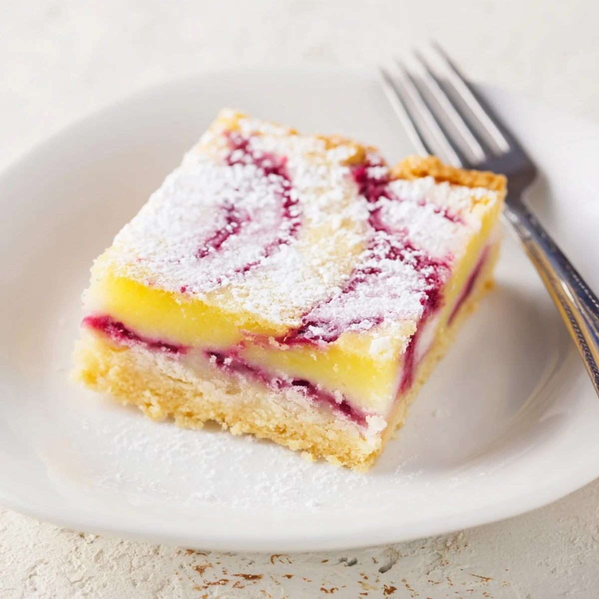 Freshly baked lemon raspberry swirl bars dusted with powdered sugar on a white plate