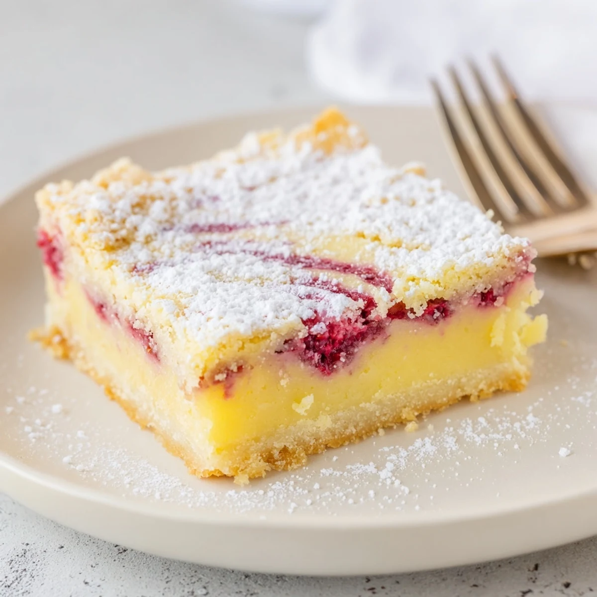Homemade lemon raspberry swirl bars cut into squares showing colorful fruit swirl pattern
