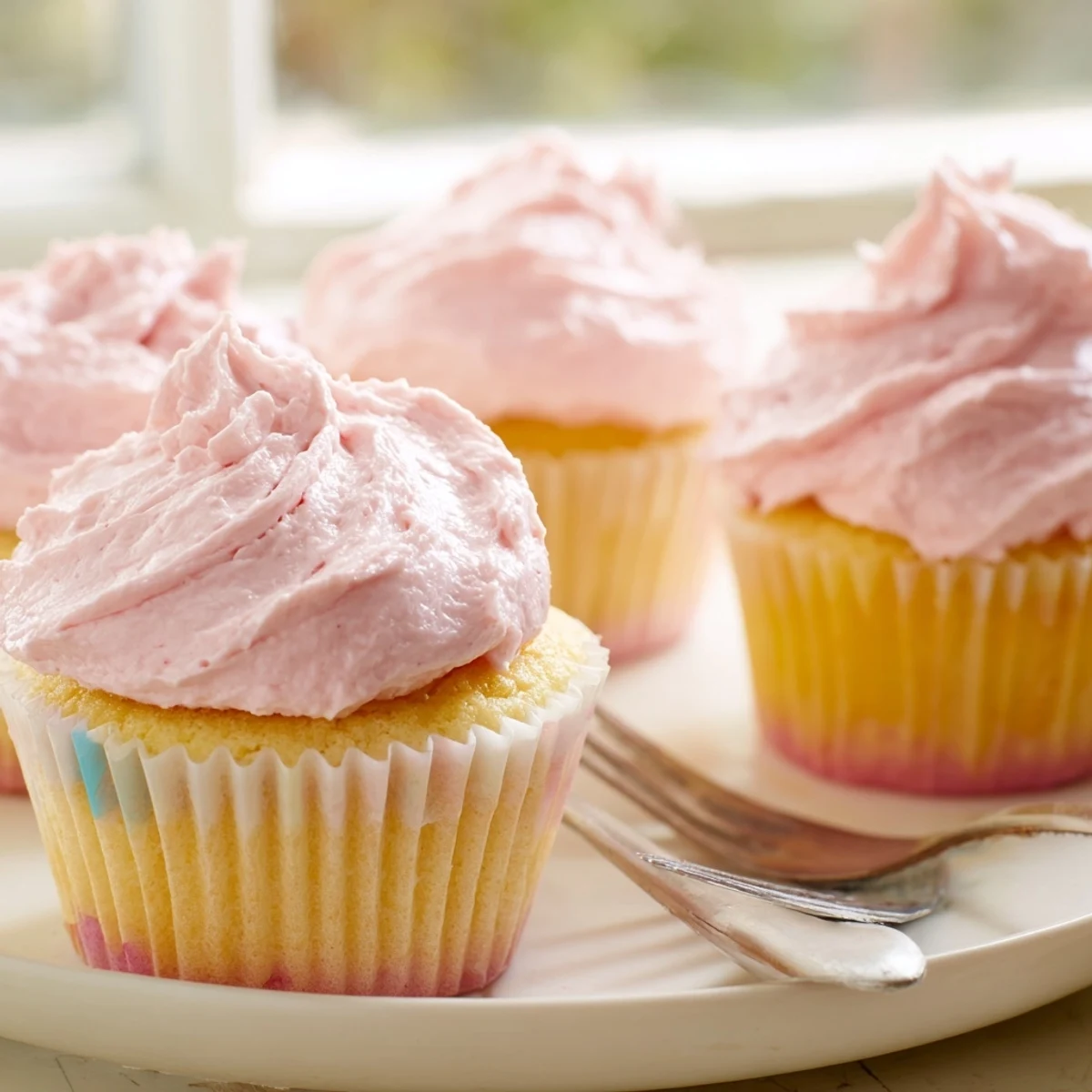 Freshly baked lemon cupcakes topped with swirls of sweet strawberry buttercream on white plate