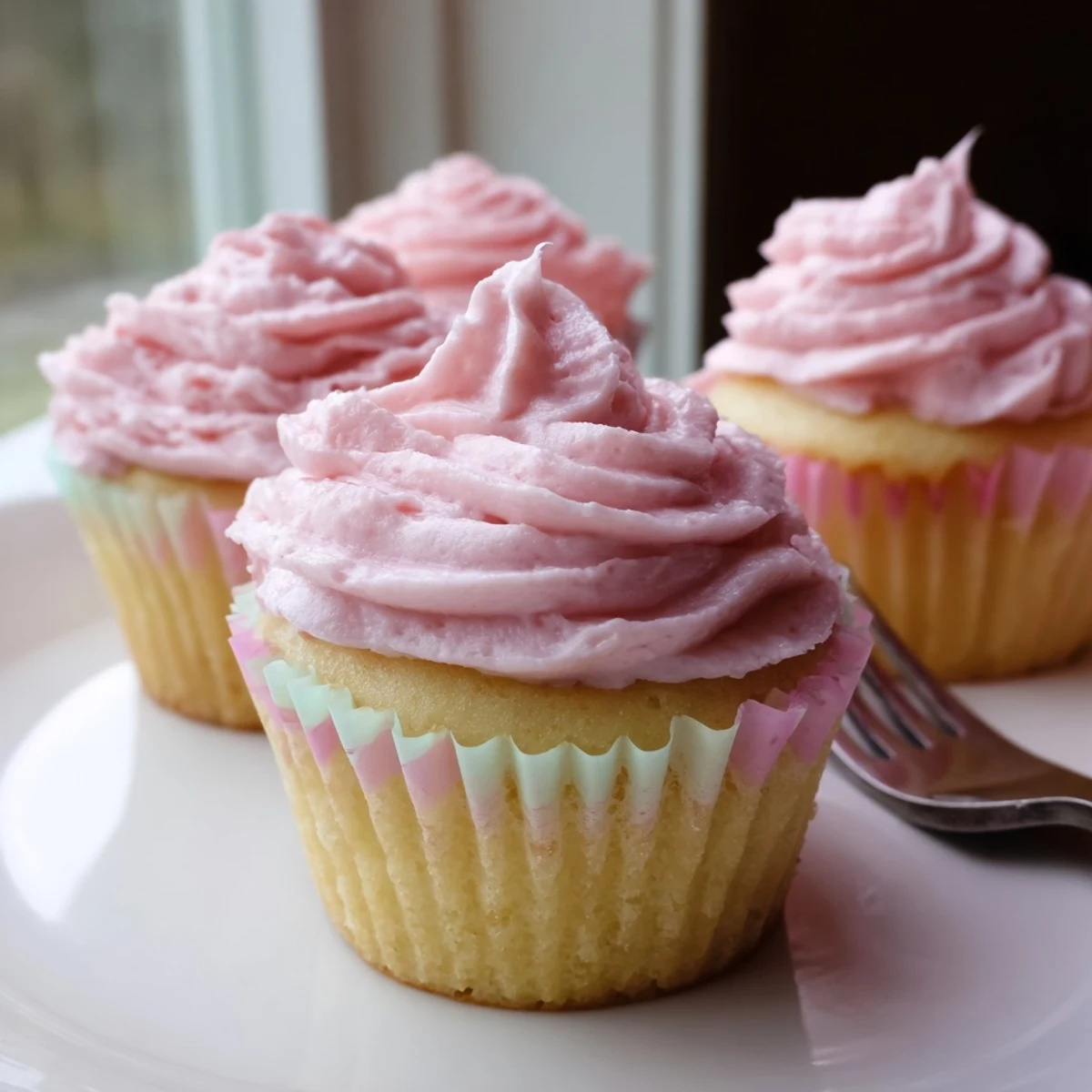 Zesty lemon cupcakes crowned with vibrant strawberry buttercream and fresh strawberry slices