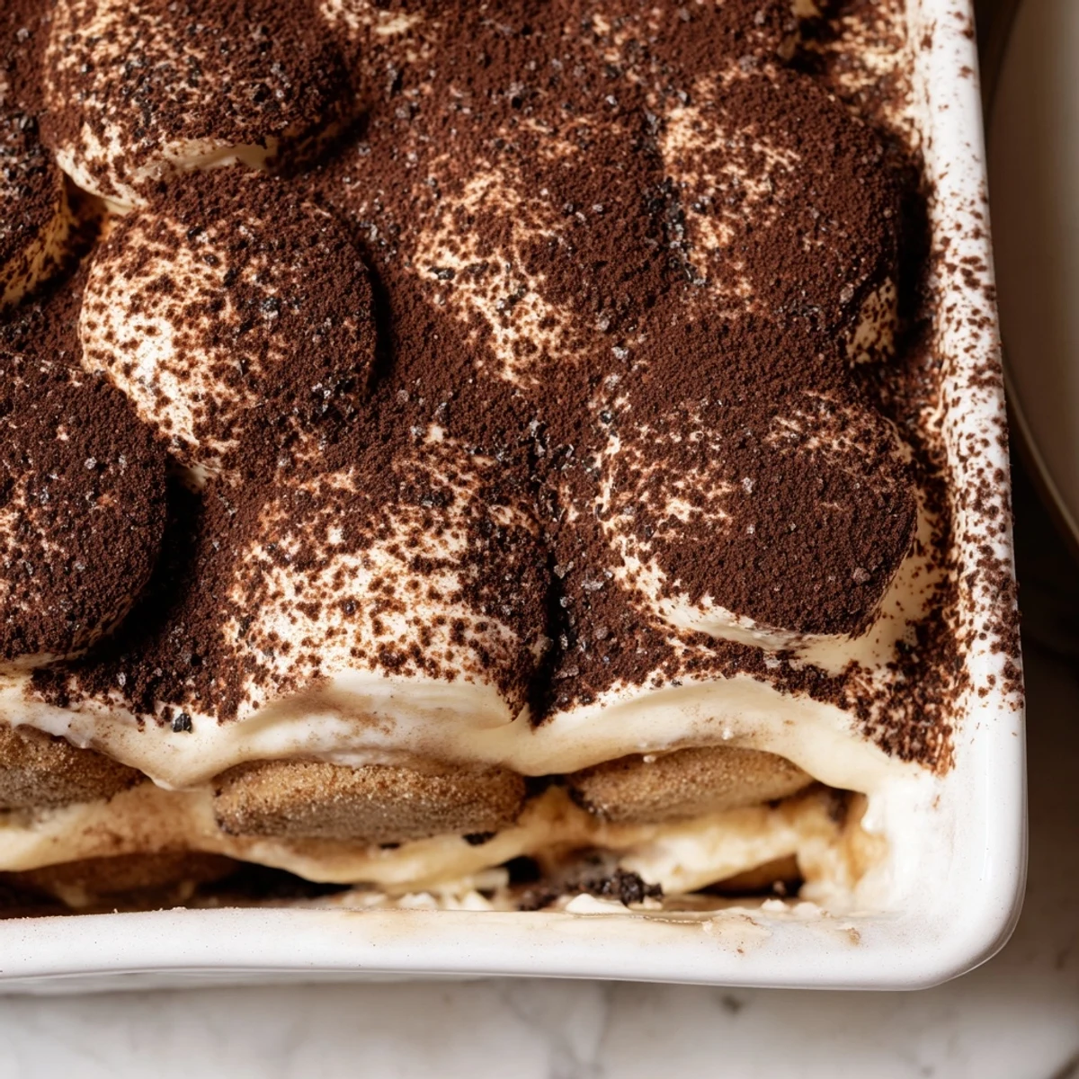 Creamy Earl Grey tiramisu layered with tea-soaked ladyfingers and dusted cocoa powder