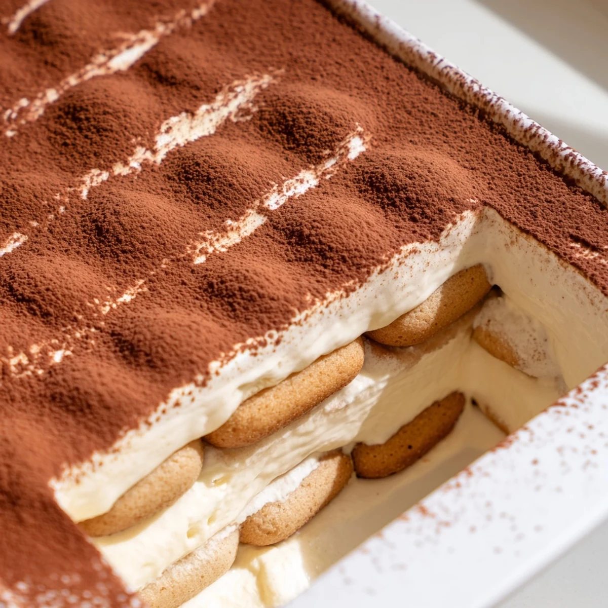 Square glass dish showcasing Earl Grey tiramisu with chocolate-dusted layers and lemon zest garnish