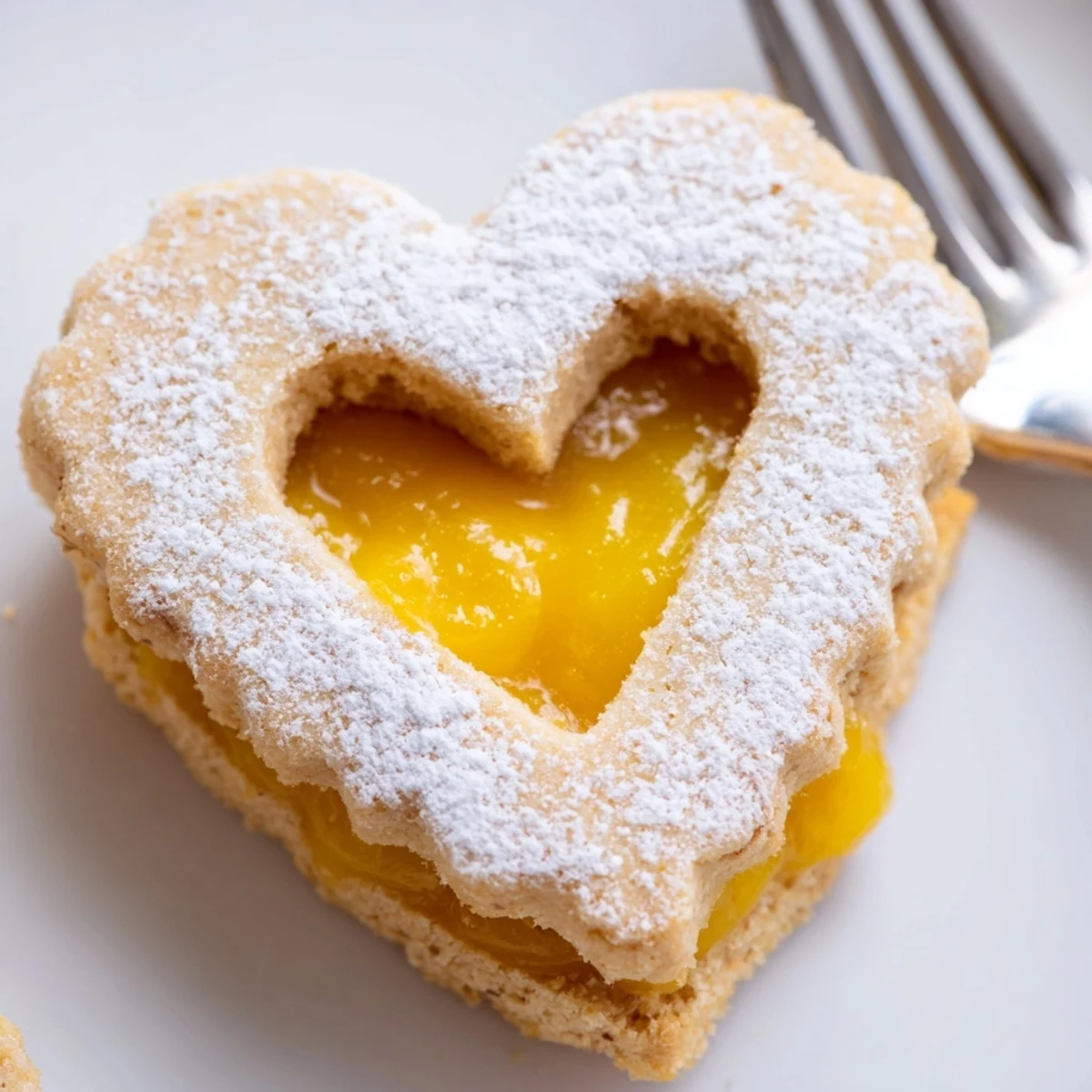Golden Meyer lemon curd sandwiched between buttery almond cookies dusted with powdered sugar