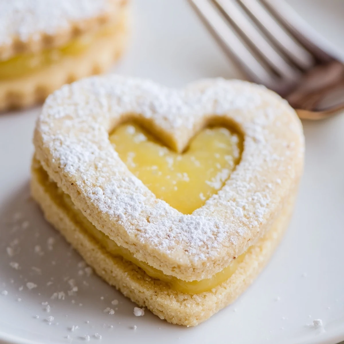 Tender Linzer cookies showcasing vibrant Meyer lemon curd filling through powdered sugar cutouts