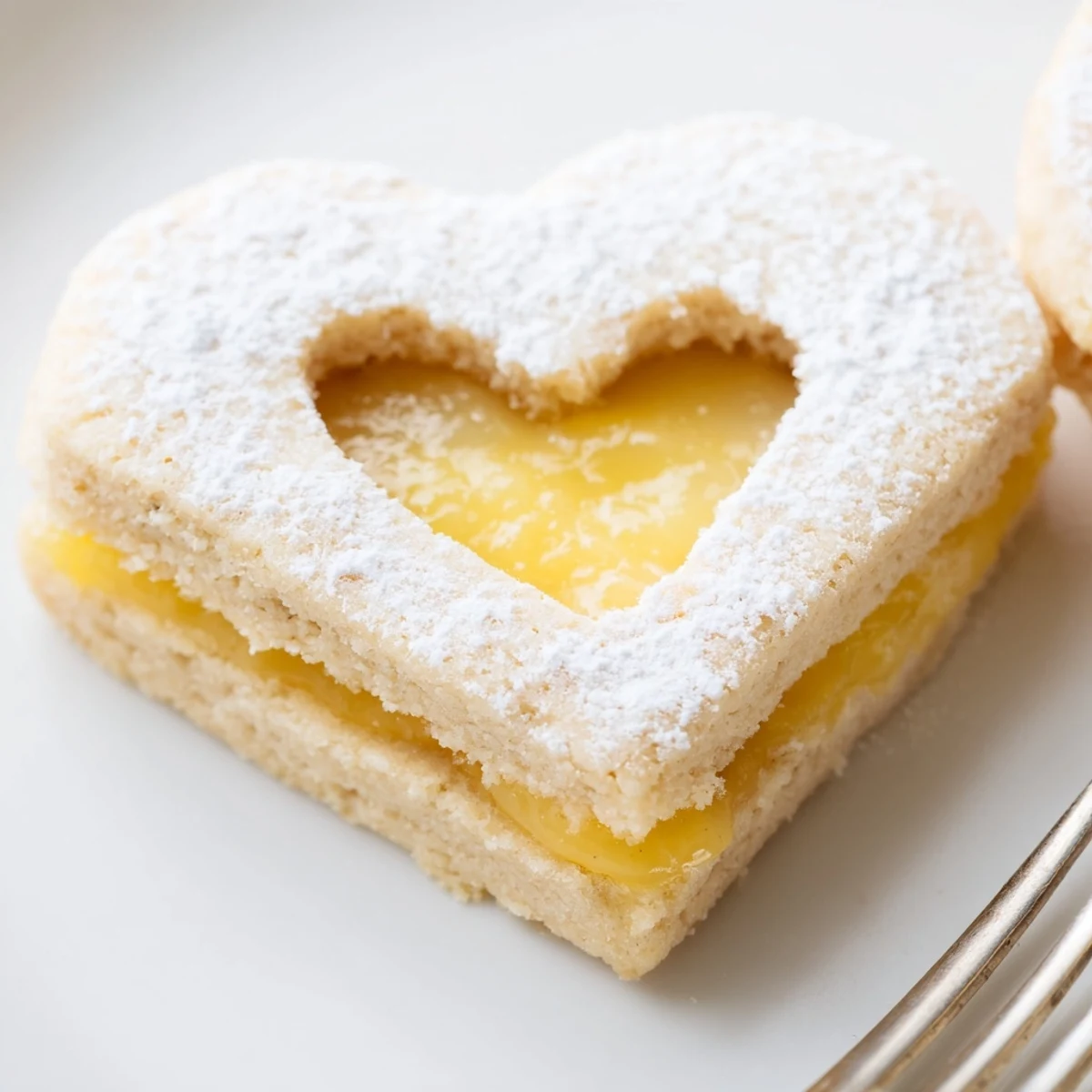Heart window cookies filled with bright Meyer lemon curd on a white serving plate