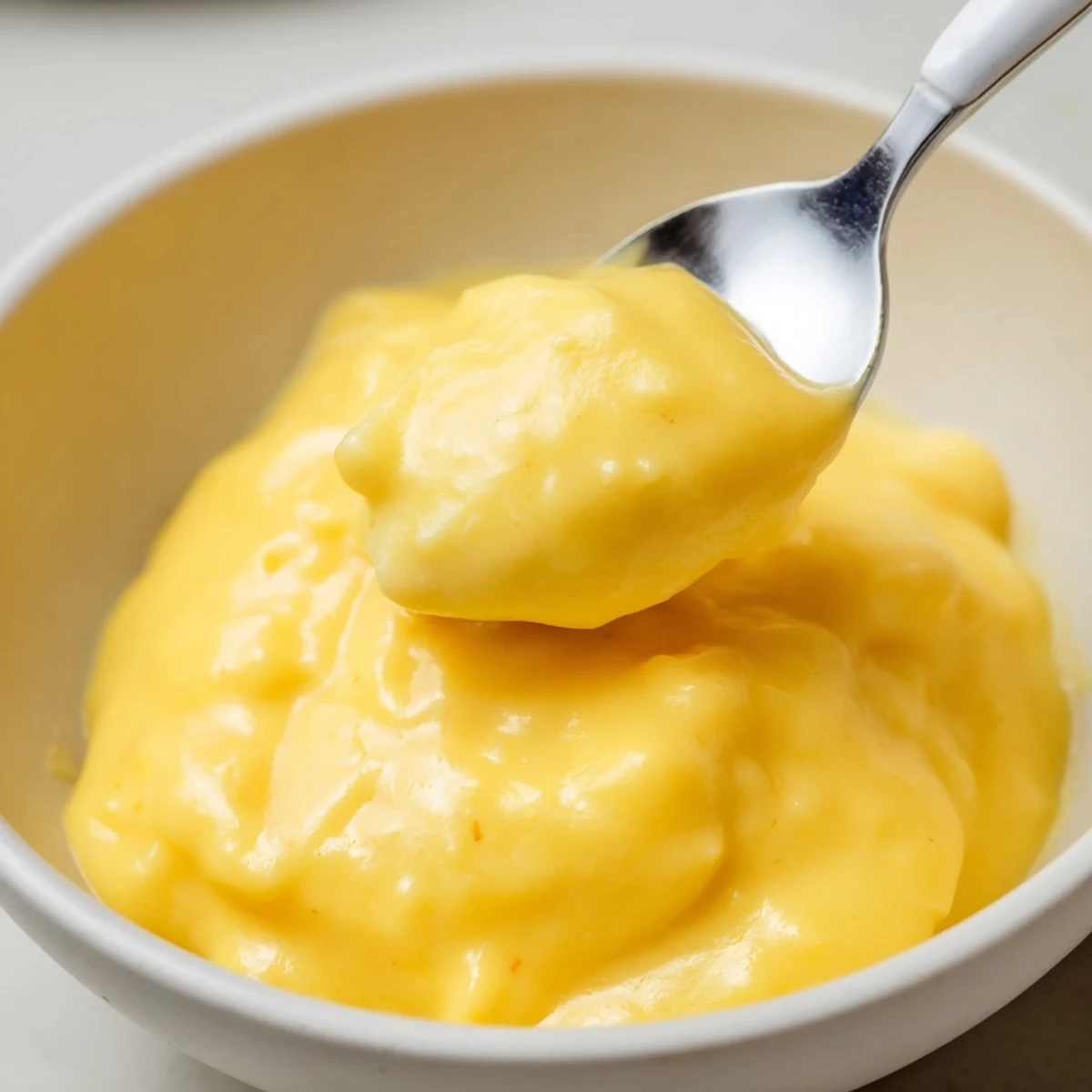 Creamy easy vegan mango curd spread thickly on toasted artisan bread with mint garnish