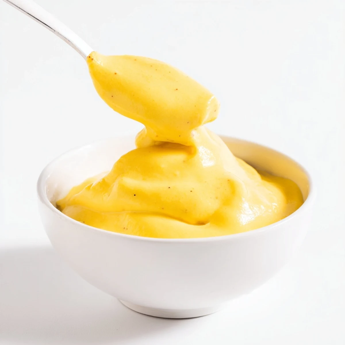 Golden easy vegan mango curd spooned into a glass jar with fresh mango slices