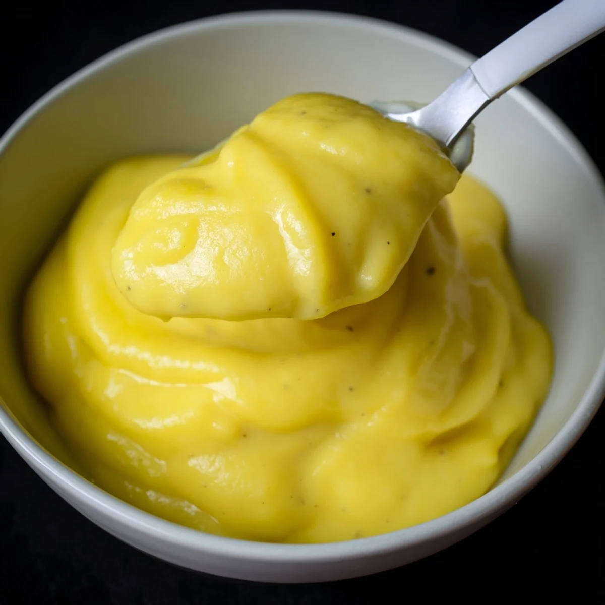 Vibrant yellow easy vegan mango curd layered in a parfait glass with coconut whipped cream