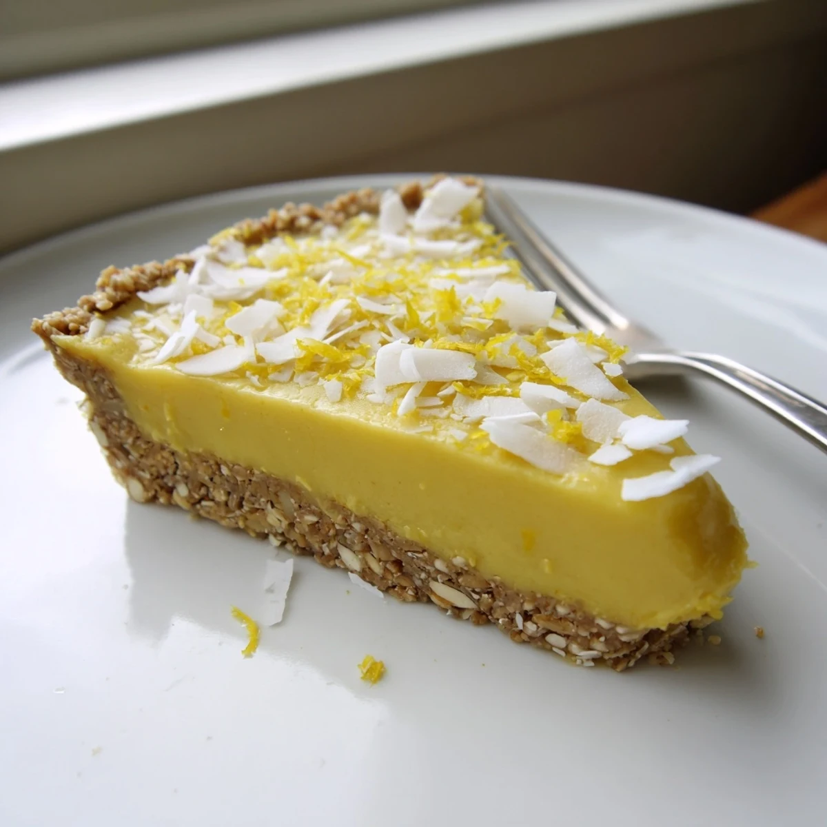 Creamy no bake vegan lemon tart with nutty crust and smooth bright yellow filling garnished with fresh lemon zest