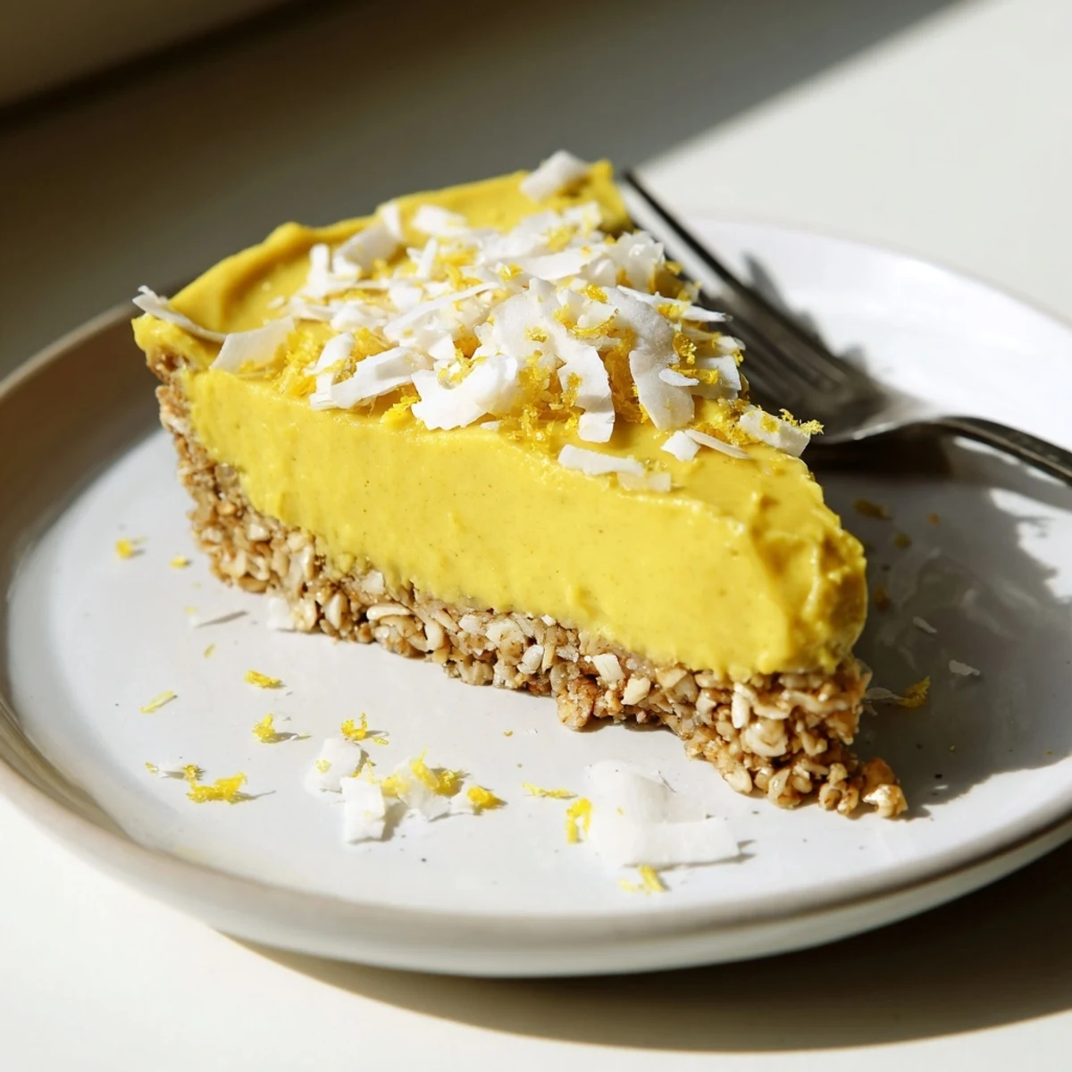 Freshly sliced no bake vegan lemon tart revealing creamy lemon cashew filling on a pressed almond oat crust