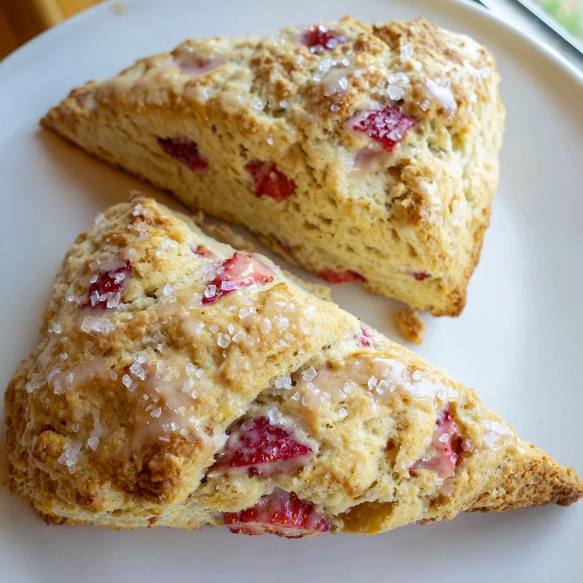Golden strawberry scones topped with coarse sugar, freshly baked and ready for breakfast