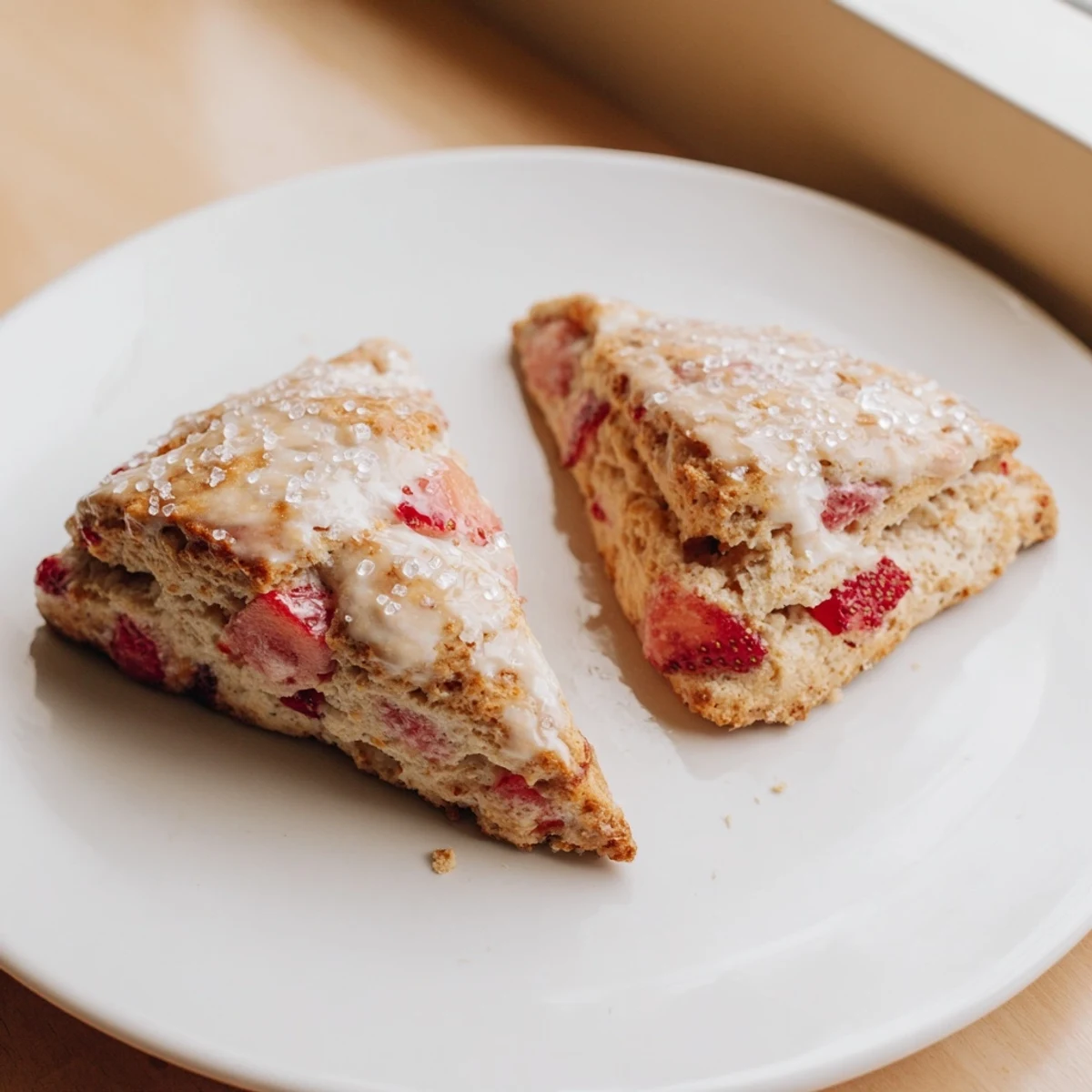 Tender buttery pastry studded with juicy red strawberries on a white serving plate