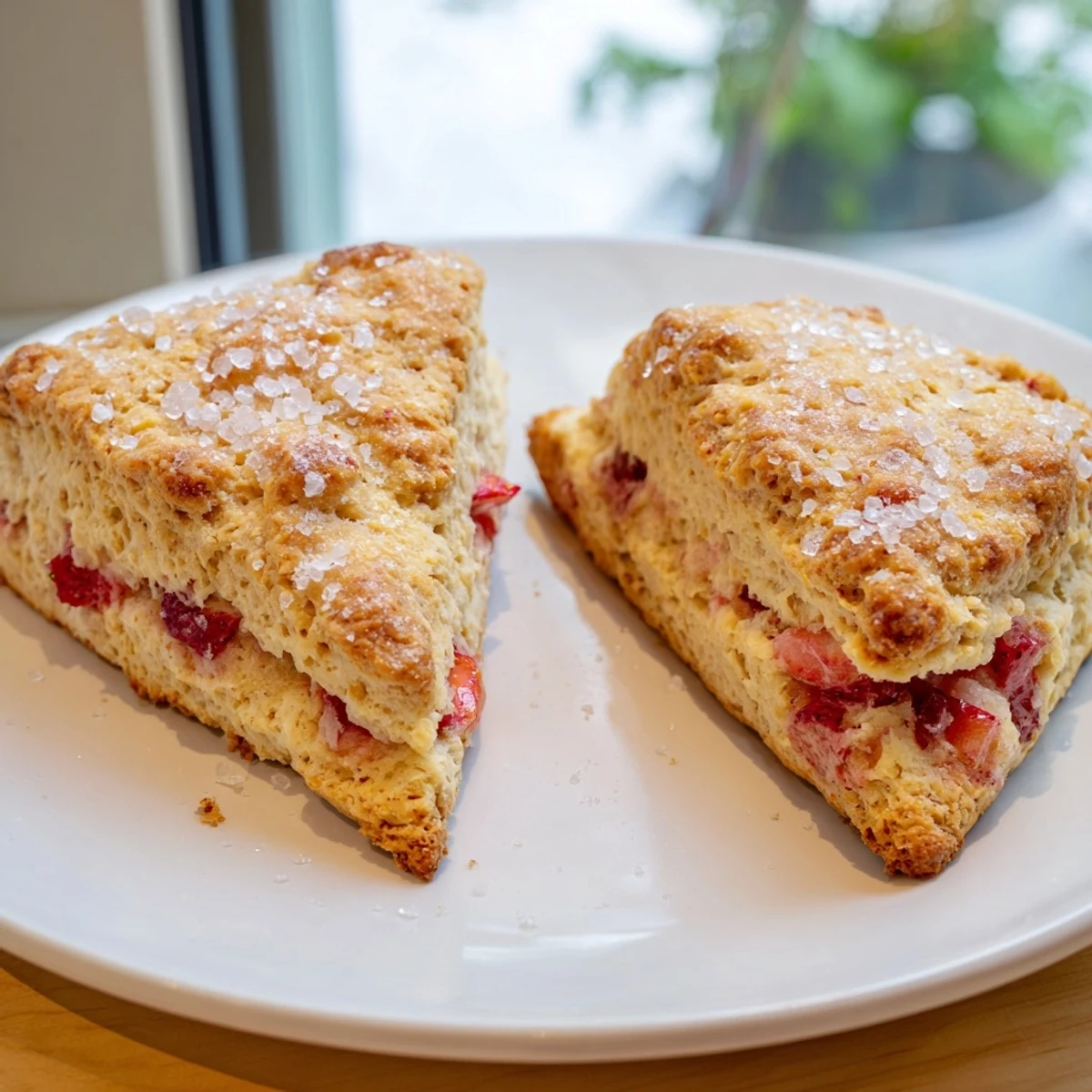 Eight triangular strawberry scones with flaky layers, glazed with cream and sprinkled with sugar