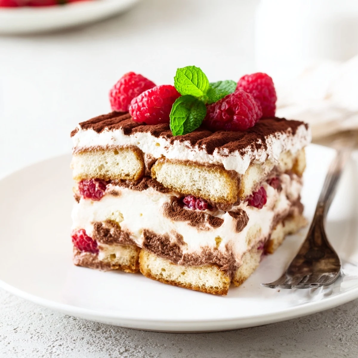 Raspberry tiramisu layered dessert with coffee-soaked ladyfingers and fresh red berry topping