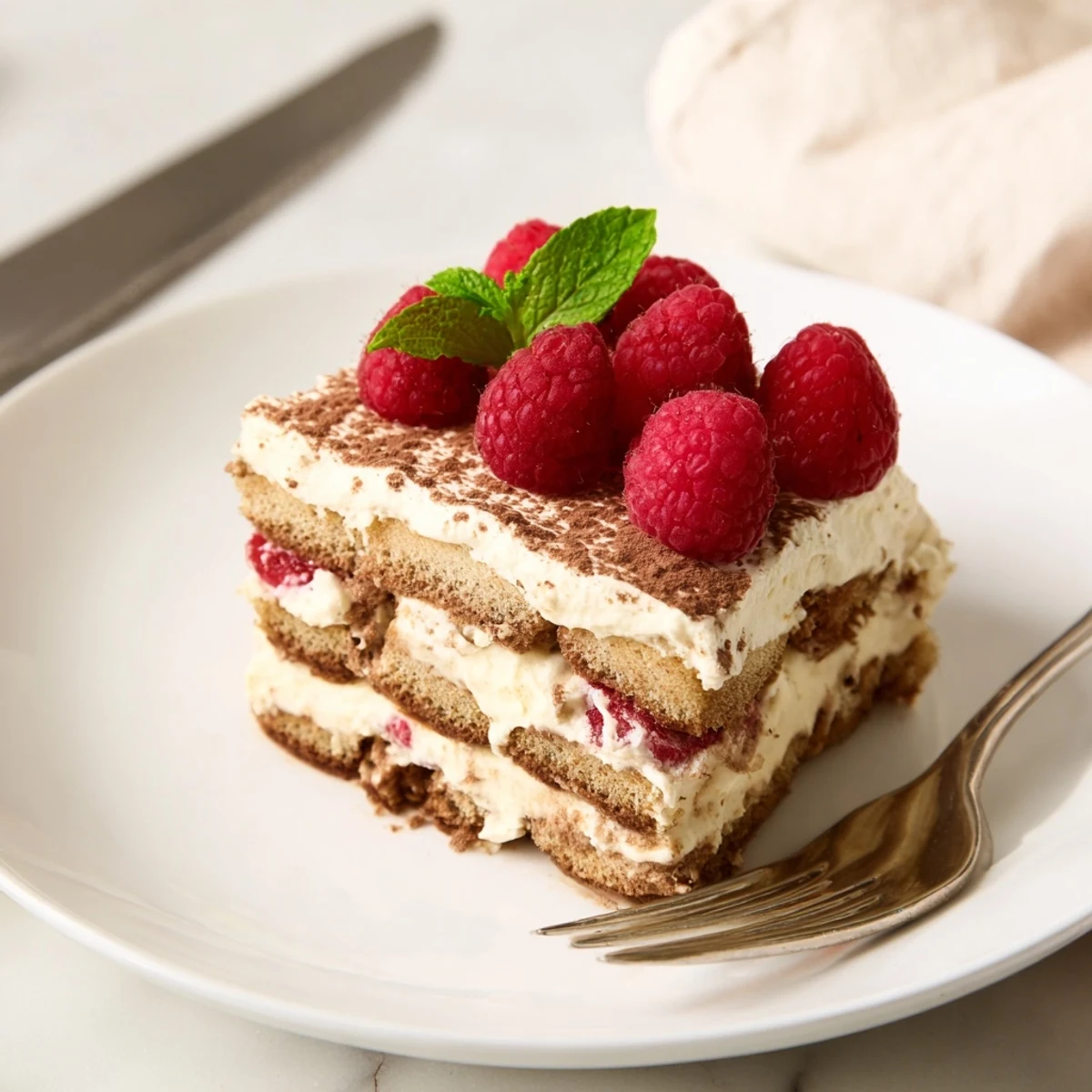 Creamy raspberry tiramisu slice showing mascarpone layers and bright red fruit garnish