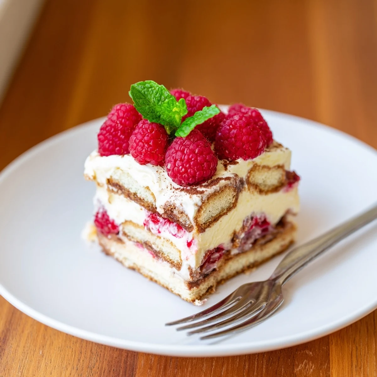 Homemade raspberry tiramisu in a glass dish dusted with powdered sugar and mint