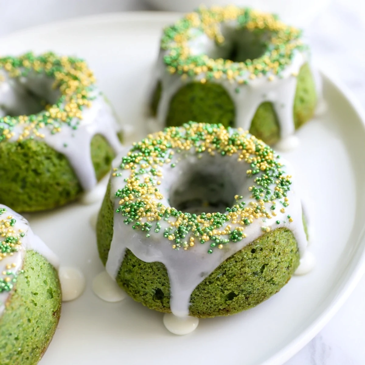 Moest St. Patricks mini bundt cakes topped with creamy icing and gold decorations