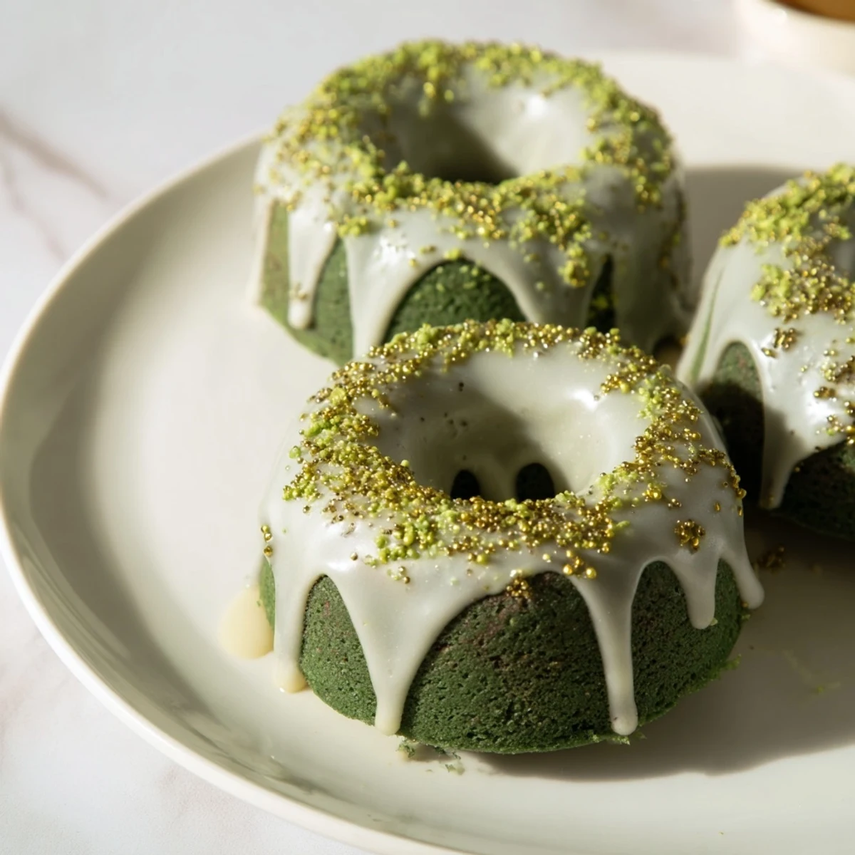 Festive green chocolate mini bundt cakes with sweet glaze for Saint Patricks Day