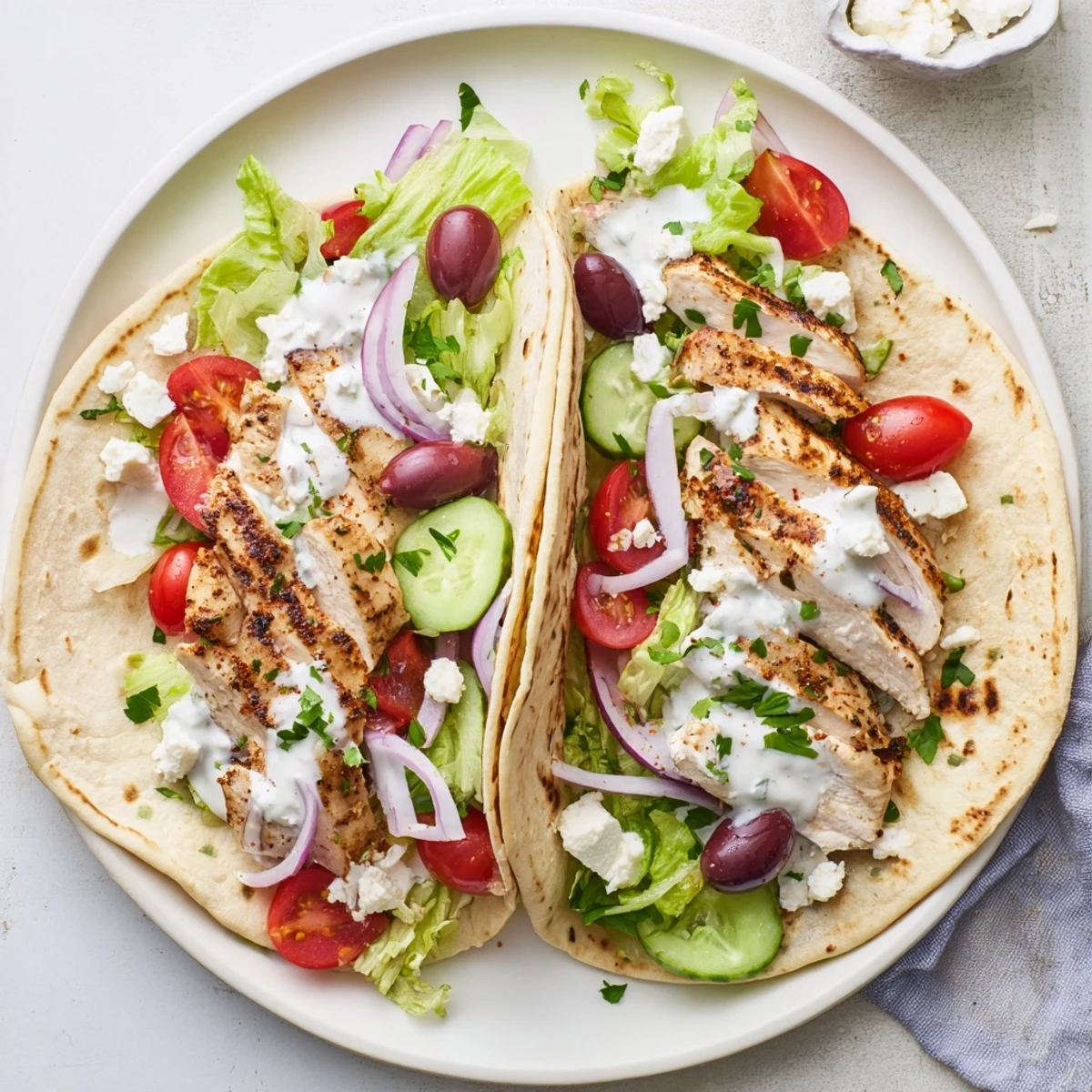 Golden grilled chicken mediterranean tacos topped with crisp vegetables, tangy feta, and creamy yogurt sauce in soft warm tortillas