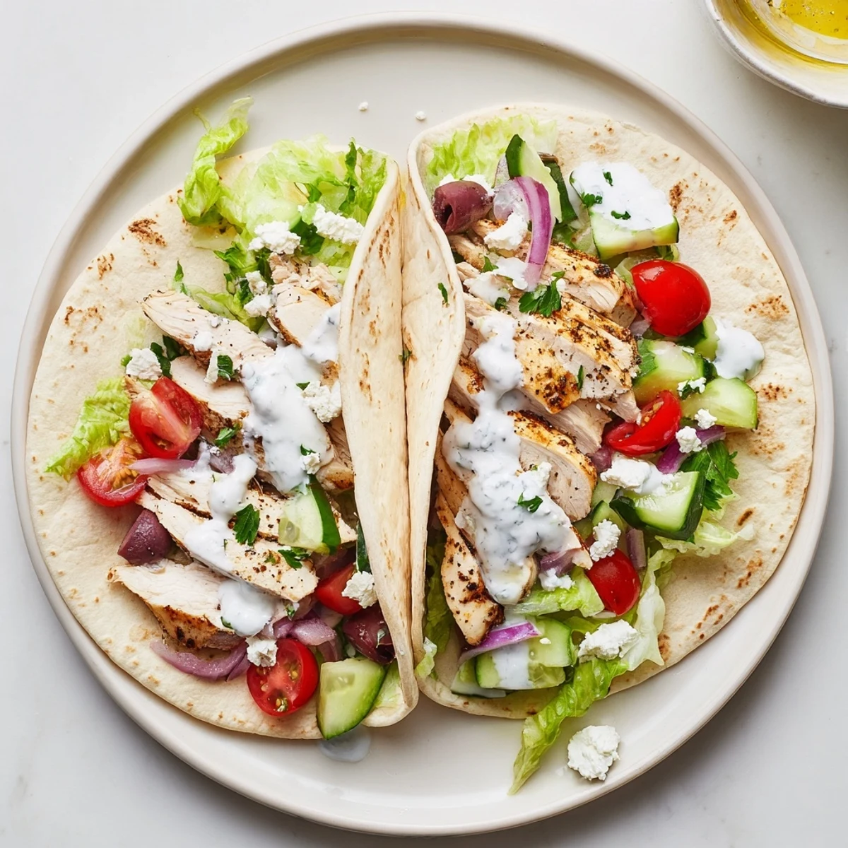 Fresh mediterranean chicken tacos featuring spiced grilled meat, colorful diced veggies, salty olives, and cool herbed yogurt drizzle