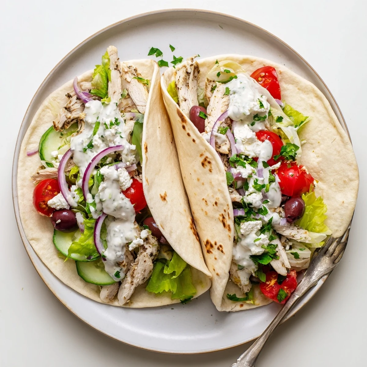 Mediterranean chicken tacos piled high with tender sliced chicken, crunchy lettuce, ripe tomatoes, cucumber, and crumbled feta cheese
