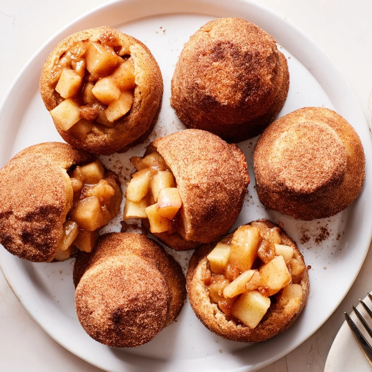 Golden brown caramel apple pie bombs with cinnamon sugar coating on baking sheet