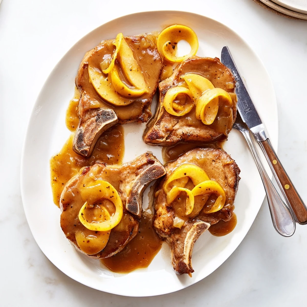 Juicy apple butter pork chops topped with cinnamon-spiced fruit and served over white plate with garnish