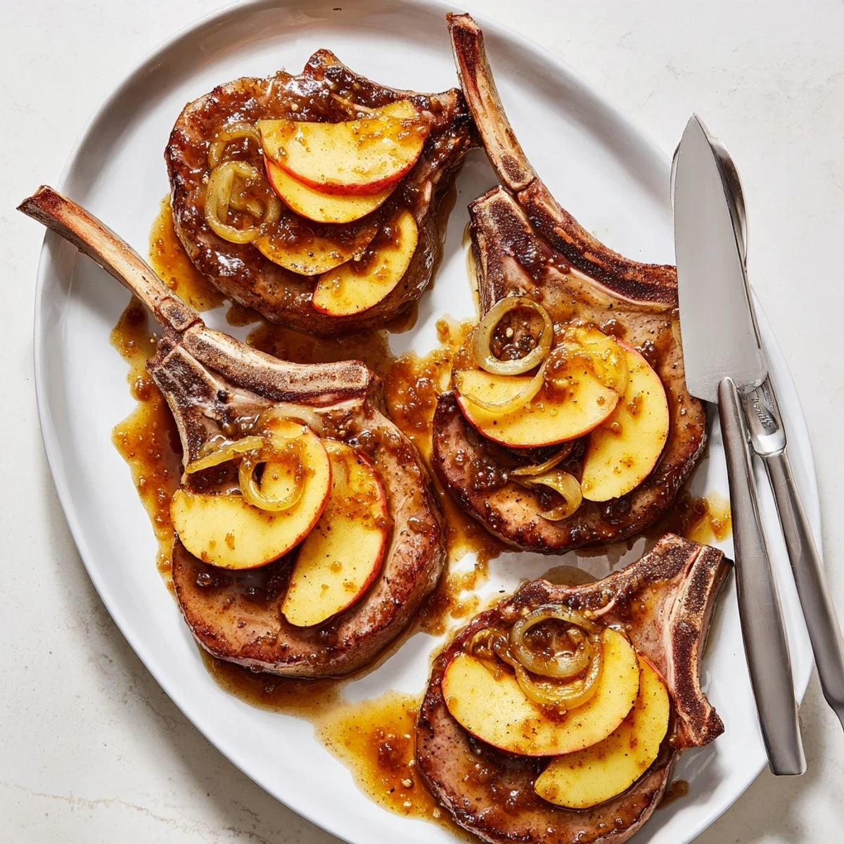 Golden seared pork chops resting in rich apple butter sauce with caramelized onion slices and tender apples