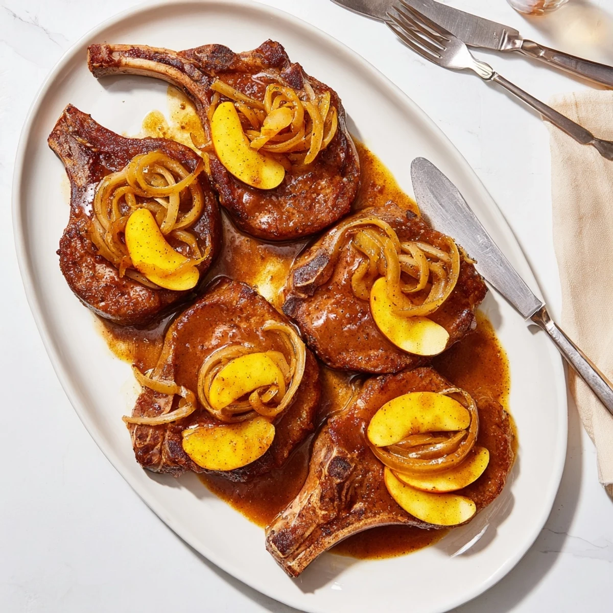 Family-style skillet of tender pork chops simmered in sweet apple butter sauce with fresh apple wedges
