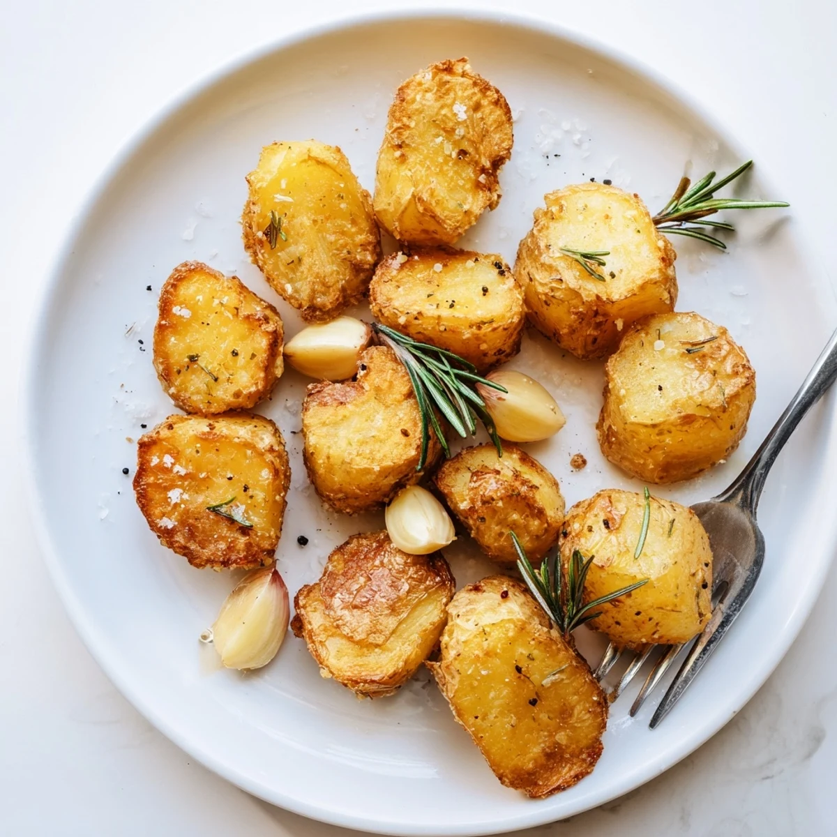 Golden homemade roast potatoes with crispy exterior and fluffy white interior, seasoned with sea salt