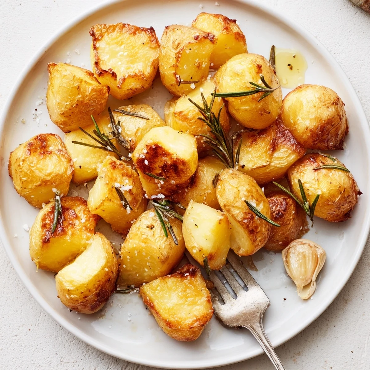 Steaming bowl of homemade roast potatoes garnished with fresh rosemary sprigs and coarse black pepper