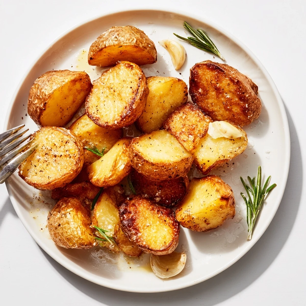 Homemade roast potatoes arranged on rustic serving platter, perfectly browned with olive oil glaze