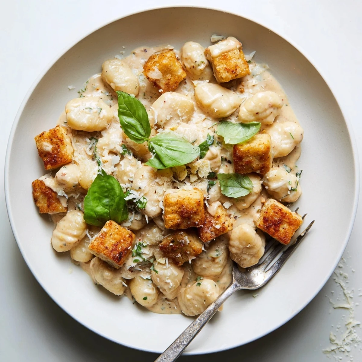 Crispy tofu cubes and pillowy gnocchi swimming in creamy sun-dried tomato sauce with fresh basil