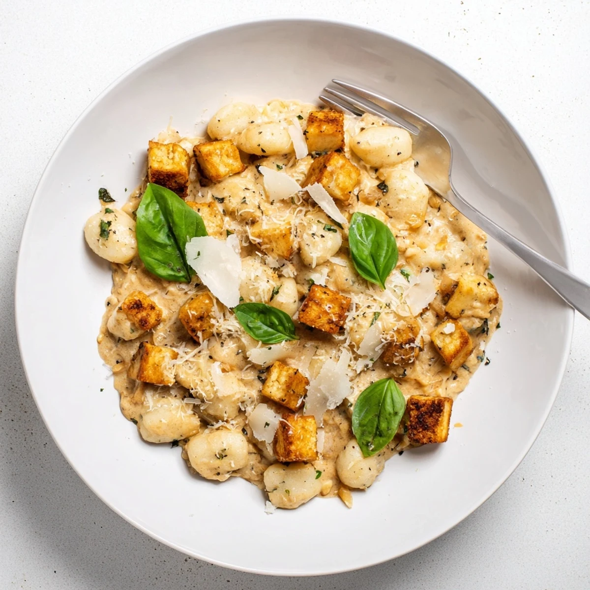 Golden Marry Me crispy tofu with gnocchi tossed in rich sun-dried tomato cream sauce