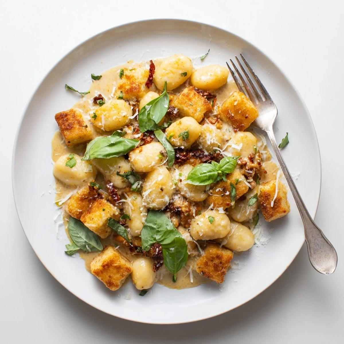 Vegetarian Marry Me crispy tofu with gnocchi plated in thick red tomato cream sauce