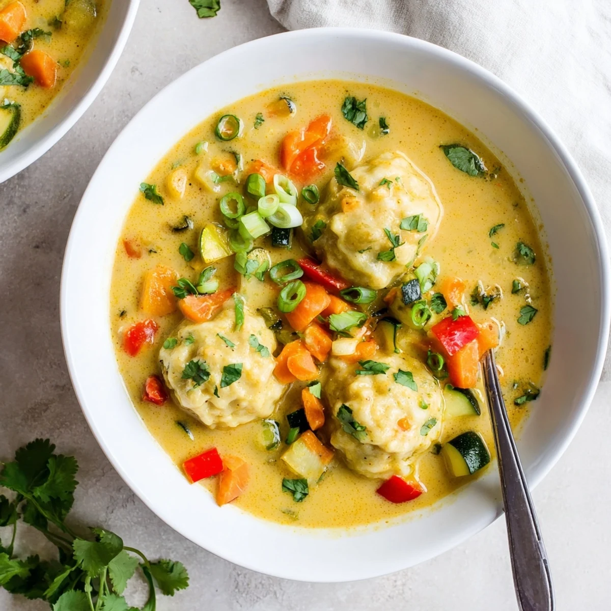 Creamy coconut curry soup topped with fluffy dumplings and colorful vegetables in a bowl