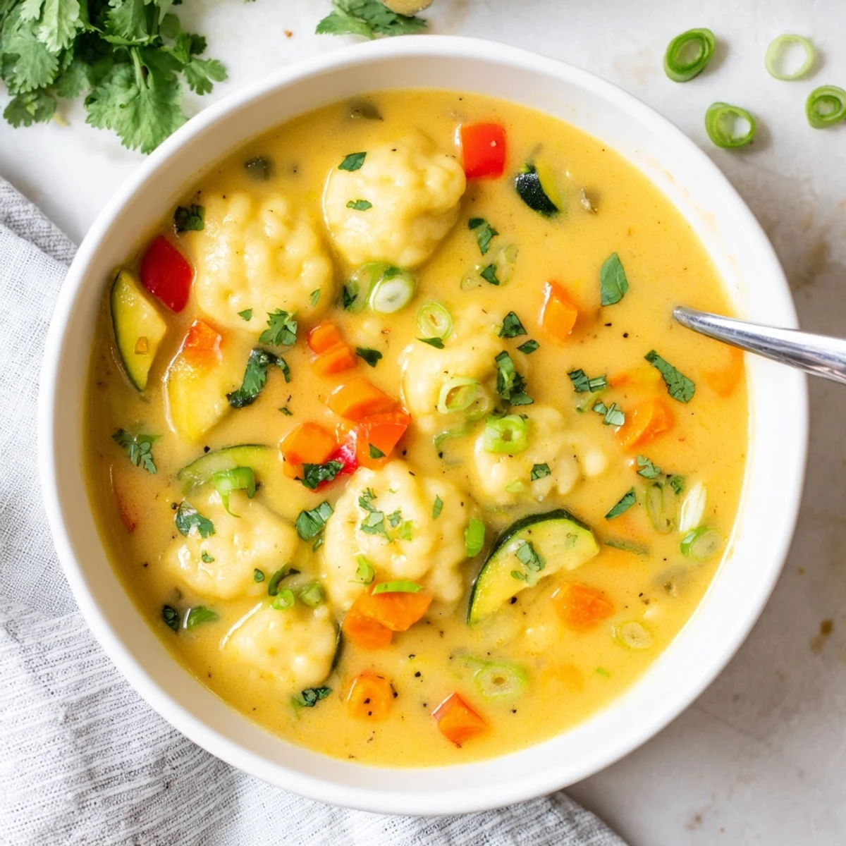 Steaming bowl of vegetarian coconut curry soup featuring pillowy homemade dumplings and fresh cilantro garnish
