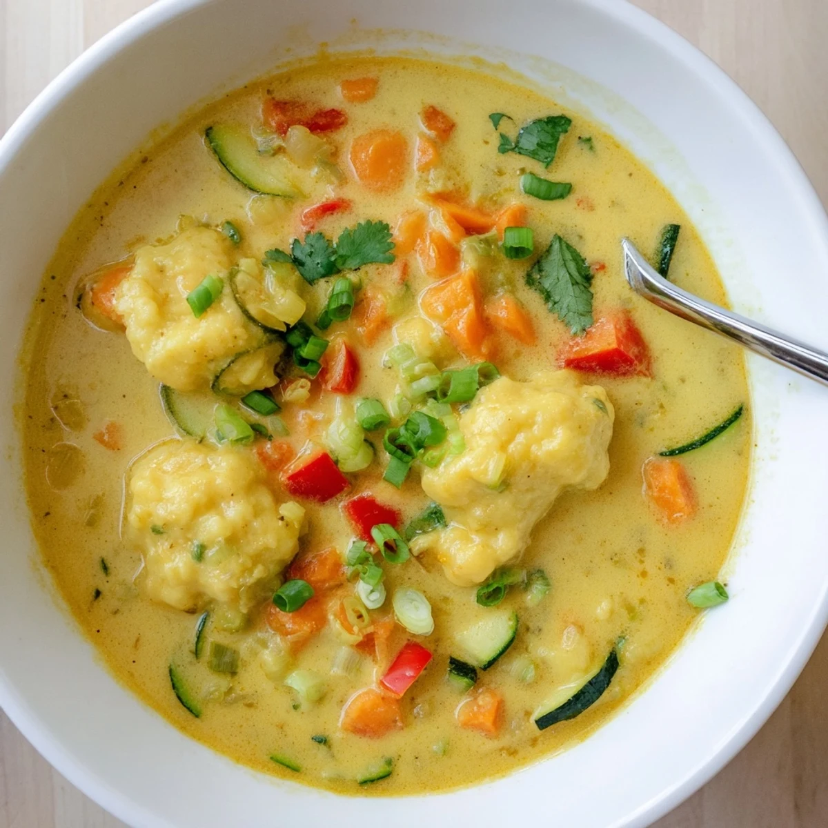 Golden coconut curry broth with tender dumplings and vibrant bell pepper, carrot, and zucchini