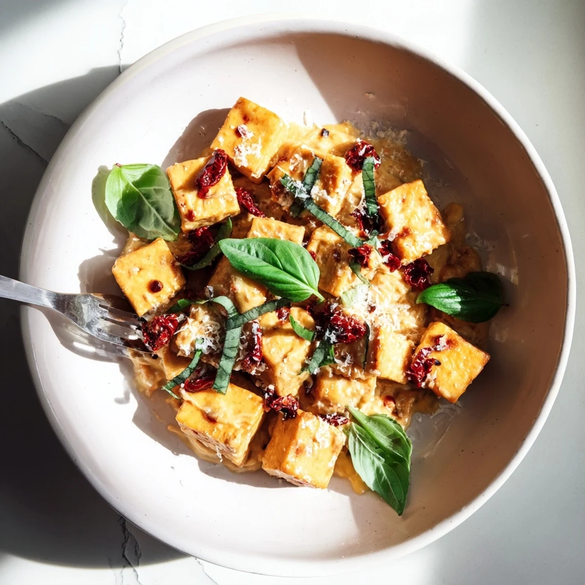 Crispy golden tofu cubes swimming in a rich sun-dried tomato garlic cream sauce with fresh basil garnish