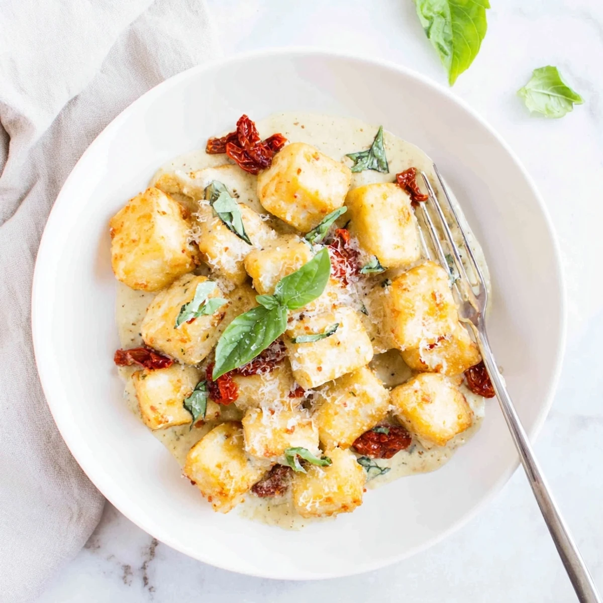 Golden brown Marry Me Tofu served over pasta in a creamy white sauce with red tomato flecks