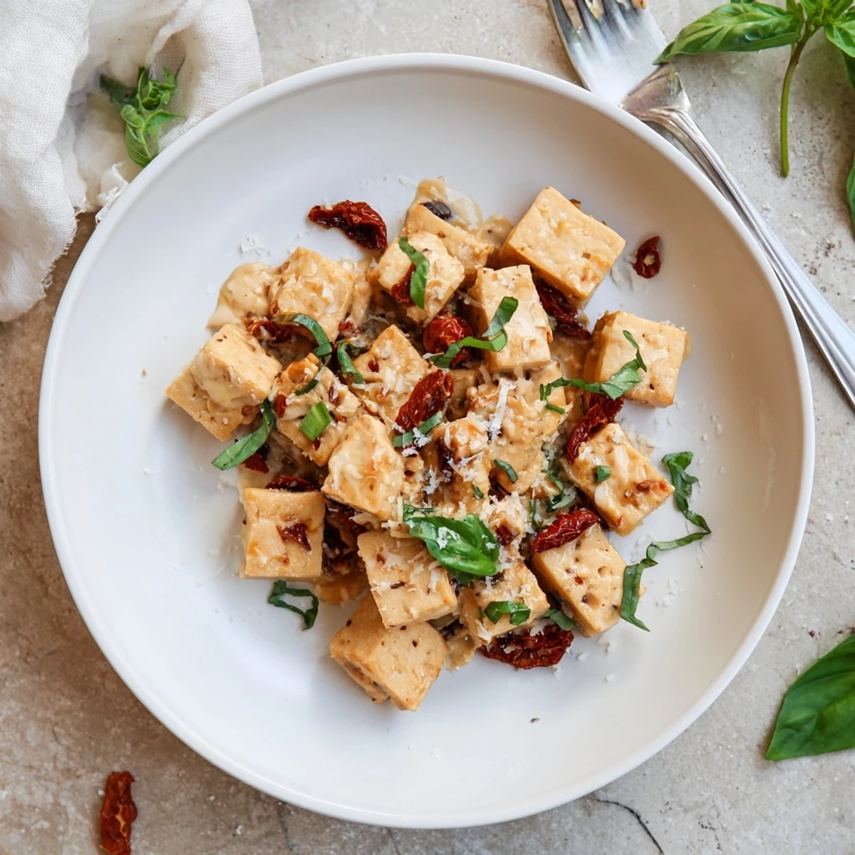Plant-based Marry Me Tofu skillet featuring crispy coated tofu in a luscious herb-infused sun-dried tomato cream sauce