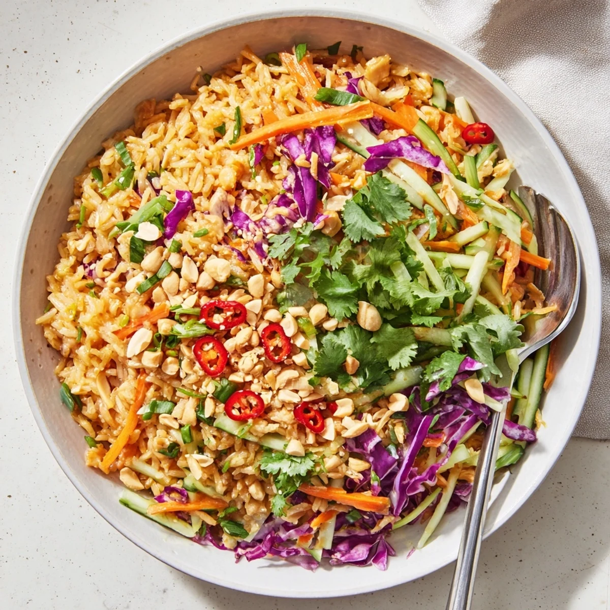 Golden crispy rice salad with peanut sesame dressing featuring fresh purple cabbage, cucumbers, and shredded carrots in a colorful bowl