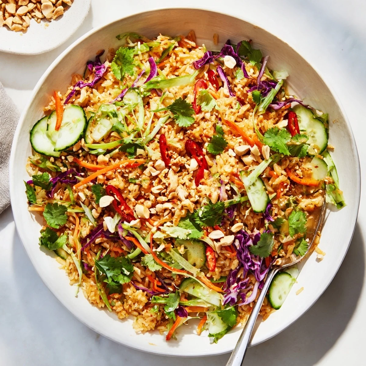 Vibrant crispy rice salad topped with crushed peanuts and sesame seeds drizzled with creamy peanut dressing over crunchy vegetables