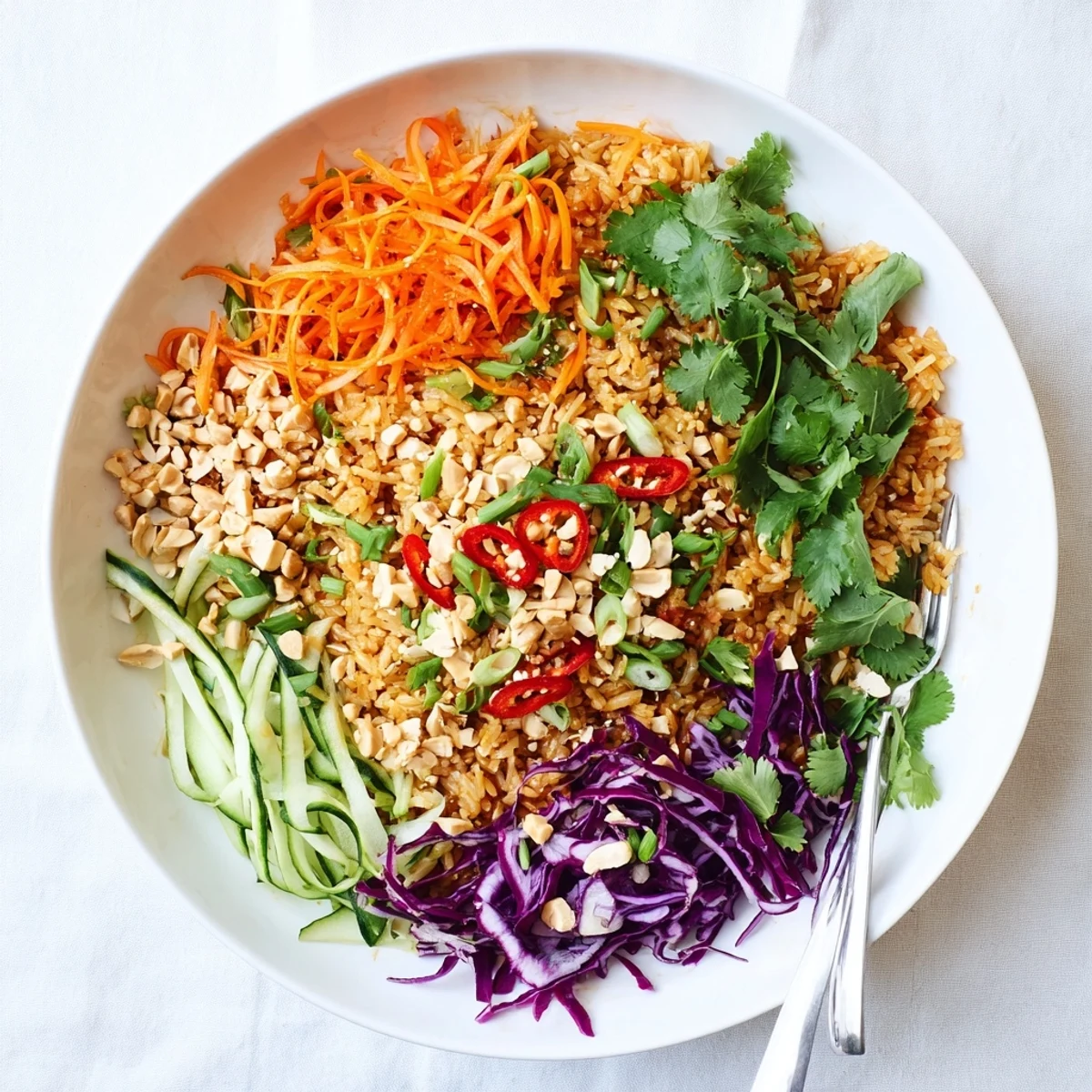Asian-inspired crispy rice salad with peanut sesame dressing served with fresh cilantro, scallions, and red chili slices
