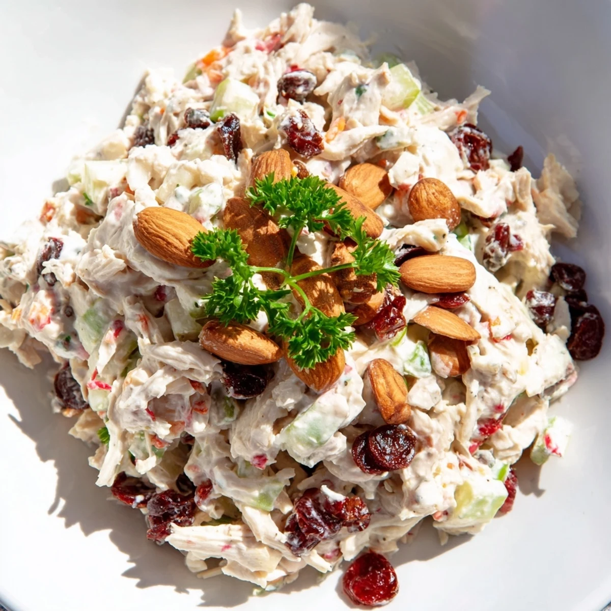 Light and healthy chicken salad featuring shredded rotisserie meat tossed in tangy Greek yogurt dressing