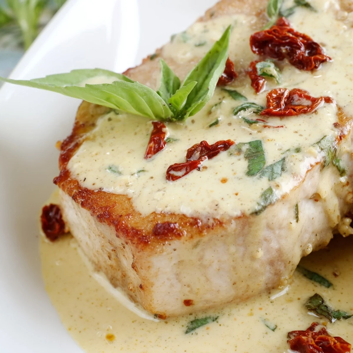 Golden pan-seared pork chops resting in creamy sun-dried tomato parmesan sauce with fresh basil garnish