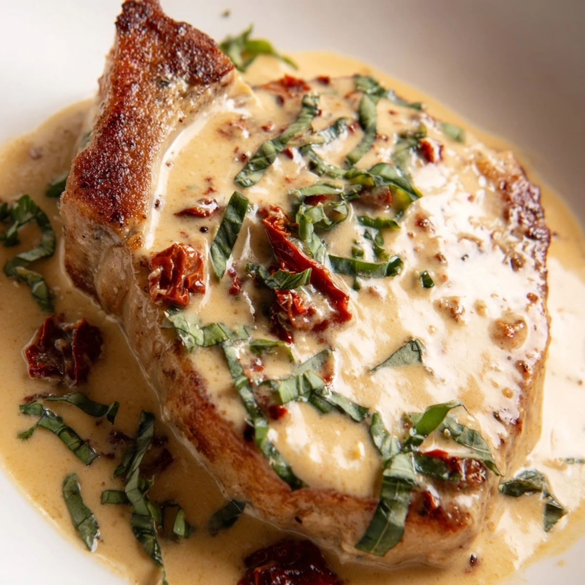 Succulent boneless pork chops smothered in thick white sauce dotted with red sun-dried tomatoes