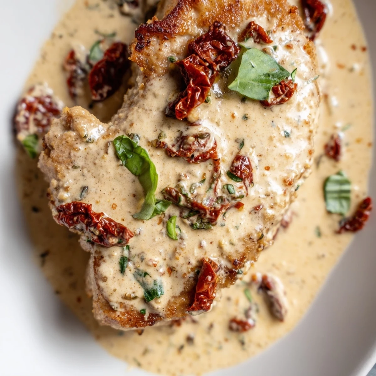 Tender Marry Me pork chops plated with rich parmesan cream sauce and sun-dried tomatoes